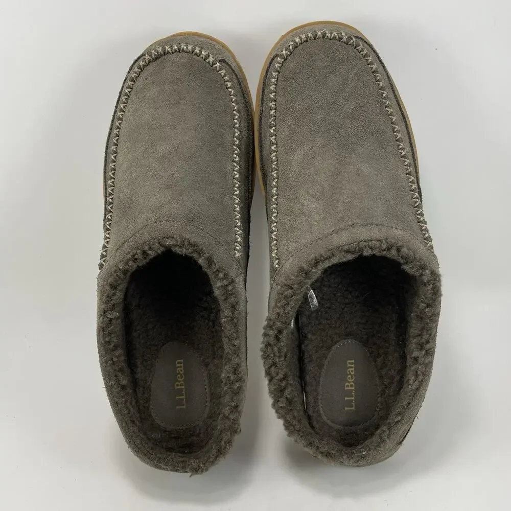 L.L. Bean Mountain Slipper Scuffs Mens Size 11 Gray Brown Suede Fleece Lining